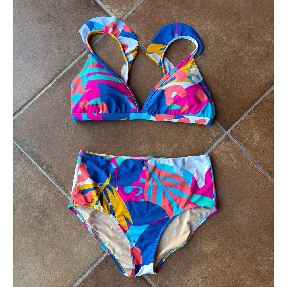 J. Crew Colorful High Waisted Bikini Set with Ruffles NOTE Bottom is L Top is XL - Picture 9 of 9